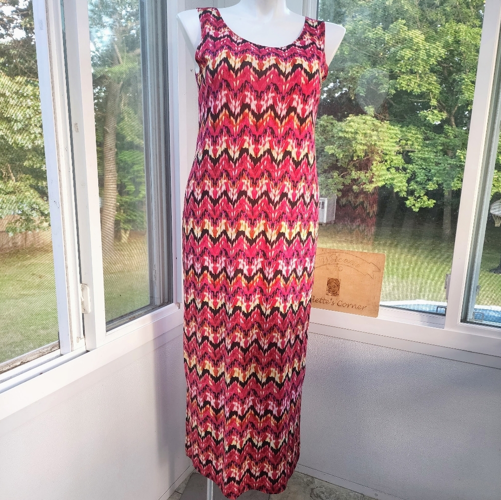 ❤️ Slinky Pink Black Red Colorful Chevron Maxi Sleeveless Tank Dress Size Large